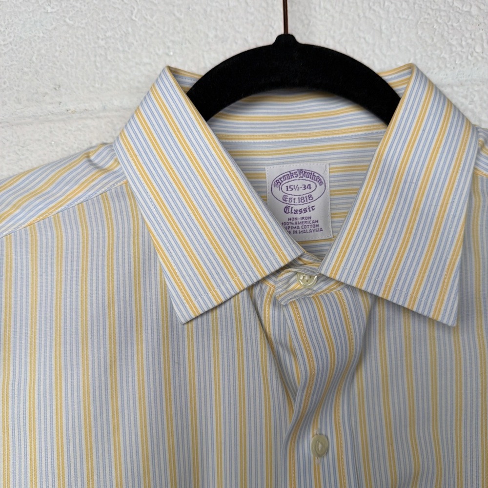 Brooks Brothers Classic Supima Yellow Striped Shirt Mens 15.5 34L/S French Cuff